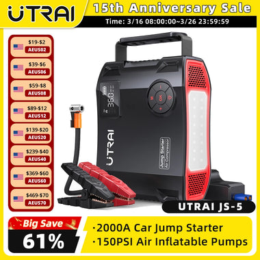UTRAI 4 In 1 2000A Jump Starter Power Bank 16000mAh 150PSI Air Compressor Tire Pump Portable Charger Car Booster Starting Device