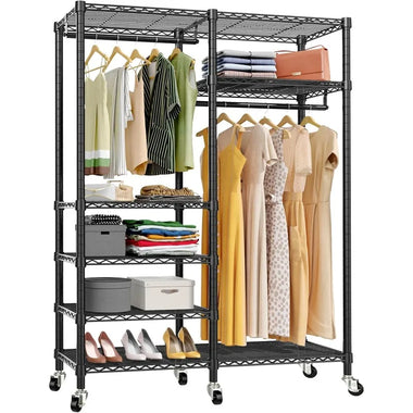 R4 Rolling Garment Rack 6 Tiers Adjustable Heavy Duty Wire Shelving Clothes Rack with Dojavascript:uble Rods and Lockable