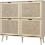 Natural Rattan Cabinet with 3 Flip Drawers, Free Standing Modern 3-Tier Shoe Storage Rack for Heels, Slippers