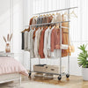Double Rod Clothing Garment Rack, Rolling Clothes Organizer on Wheels for Hanging Clothes,with 4 hooks, Chrome