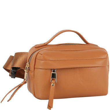 DIONA J VEGAN LEATHER SMOOTH HANDLE ZIPPER FANNY PACK BELT BAG COLOR TAN