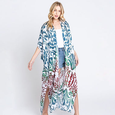 DIONA J DAMASK PRINT OPEN FRONT LONG KIMONO ONE SIZE COLOR TEAL