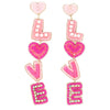 5-Tier Heart Post Love Lettering Crystal Rhinestone Long Valentine Earrings Pink