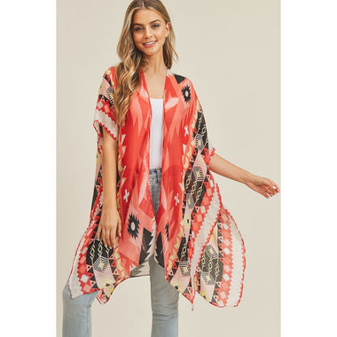 DIONA J TRIBAL PATTERN KIMONO CARDIGAN ONE SIZE COLOR CORAL