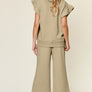 Double Take Texture Ruffle Short Sleeve Top and Drawstring Wide Leg Pants Set