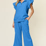 Double Take Texture Ruffle Short Sleeve Top and Drawstring Wide Leg Pants Set