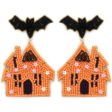 Seed Bead Bat Haunted House Earring