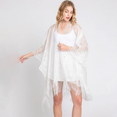 DIONA J FLORAL LACE KIMONO WITH TASSEL ONE SIZE COLOR WHITE