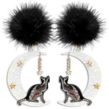 Halloween Acetate Bk Mink Pom Pom Cat Earring