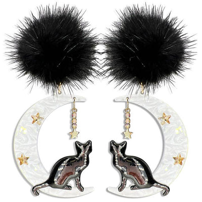 Halloween Acetate Bk Mink Pom Pom Cat Earring