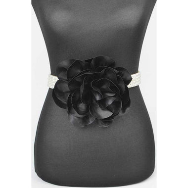 Plus Size Black Satin Flower Stretch Belt with Large Pearl Accent, Elegant Waist Cincher for Dresses and Outfits