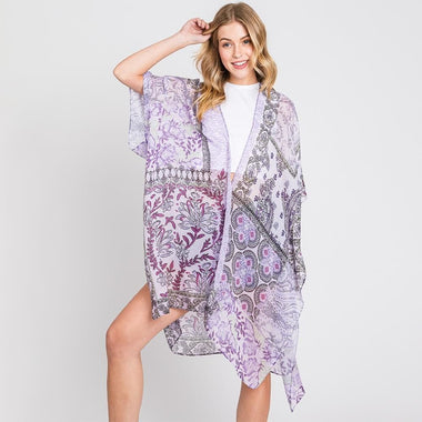 DIONA J PAISLEY FLOWER PRINT KIMONO CARDIGAN ONE SIZE COLOR PURPLE