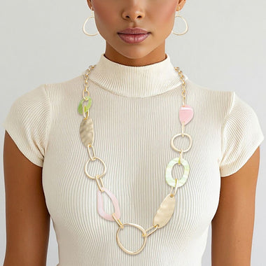 Long Gold Pink and Green Link Chain Necklace