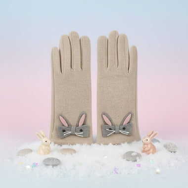 Beige Woolen Cute Rabbit Touchscreen Winter Gloves