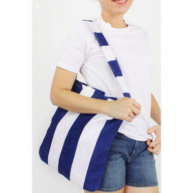 DIONA J 2 IN 1 STRIPE BEACH TOWEL TOTE BAG COLOR NAVY BLUE