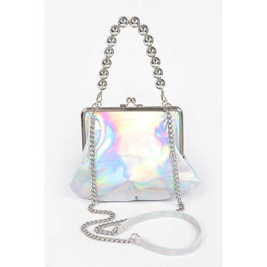 DIONA J METALLIC MIRRORED TOP HANDLE SWING CLUTCH CROSSBODY BAG COLOR SILVER