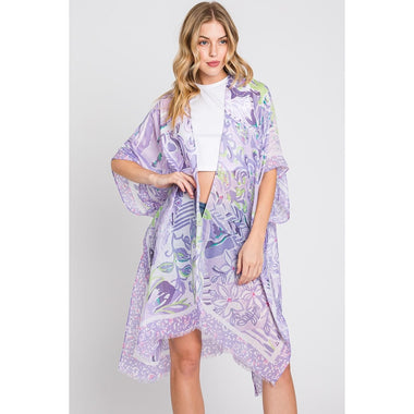 DIONA J WATERCOLOR GEOMETRIC PRINT KIMONO CARDIGAN ONE SIZE COLOR PURPLE
