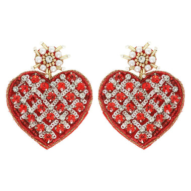 2-Tier Criss Cross Crystal Rhinestone Seed Bead Handmade Beaded Red Earrings