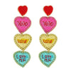 3-Tier Conversation Hearts Seed Bead Handmade Embroidery Jeweled Drop Earrings