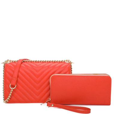 DIONA J WOMEN'S 2IN1 V STITCH DESIGN CROSSBODY W WALLET SET COLOR ORANGE