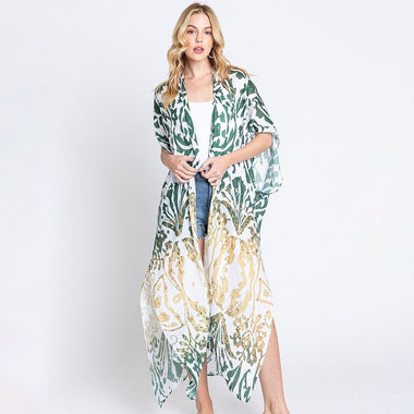 DIONA J DAMASK PRINT OPEN FRONT LONG KIMONO ONE SIZE COLOR GREEN