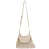 DIONA J WOMEN'S LEATHER STYLISH CHIC FRINGE CURVE CROSSBODY BAG COLOR BEIGE