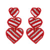 3-Tier Striped Hearts Seed Handmade Beaded Embroidery Long Drop Earrings Pink