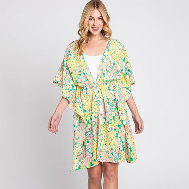 DIONA J FRONT ROPE FLOWER PRINT KIMONO ONE SIZE COLOR GREEN