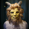 Beauty and the Beast inspired brown latex mask with hair and horns front view