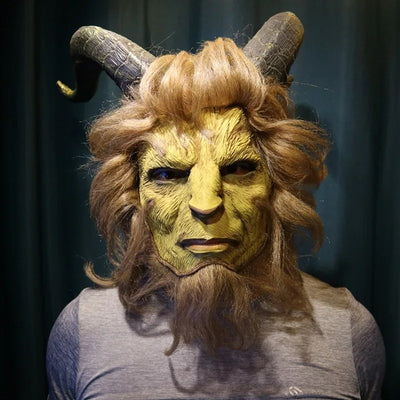Beauty and the Beast inspired brown latex mask with hair and horns front view