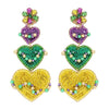 4-Tier Marquise Post Mardi Gras Crystal Gemstone Triple Heart Long Drop Earrings