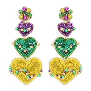 4-Tier Marquise Post Mardi Gras Crystal Gemstone Triple Heart Long Drop Earrings