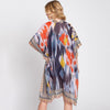 DIONA J GEOMETRIC TRIM TIE DYE PRINT KIMONO CARDIGAN ONE SIZE COLOR NAVY