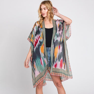 DIONA J GEOMETRIC TRIM TIE DYE PRINT KIMONO CARDIGAN ONE SIZE COLOR OLIVE