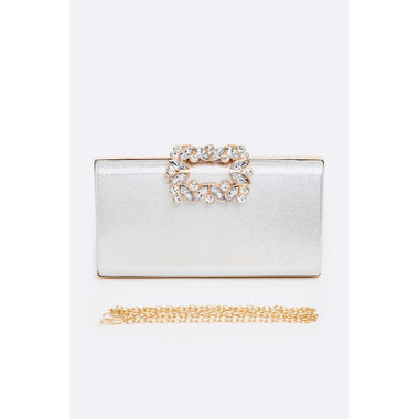 DIONA J CRYSTAL BUCKLE METALLIC BOX CLUTCH SHOULDER BAG COLOR SILVER