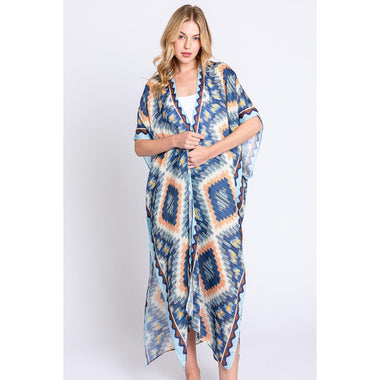 DIONA J BOHO PRINT KIMONO COVER UP ONE SIZE COLOR BLUE