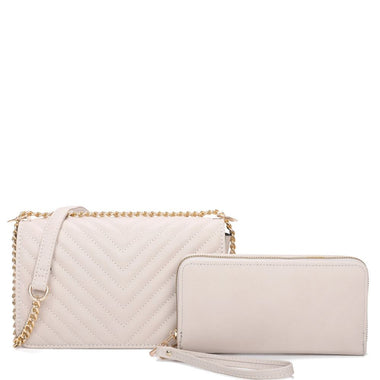 DIONA J WOMEN'S 2IN1 V STITCH DESIGN CROSSBODY W WALLET SET COLOR BEIGE