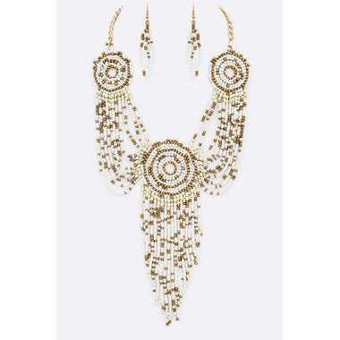 DIONA J SEED BEADS MEDALLION STATEMENT NECKLACE SET COLOR WHITE