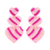 3-Tier Striped Hearts Seed Handmade Beaded Embroidery Long Drop Earrings Pink