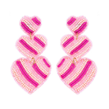 3-Tier Striped Hearts Seed Handmade Beaded Embroidery Long Drop Earrings Pink