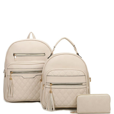 3IN1 QUILT TASSEL ZIPPER BACKPACK W MATCHING BAG AND WALLET SET BEIGE