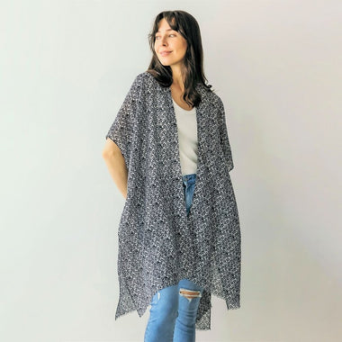 DIONA J ABSTRACT BOHO PRINT KIMONO CARDIGAN ONE SIZE COLOR BLACK