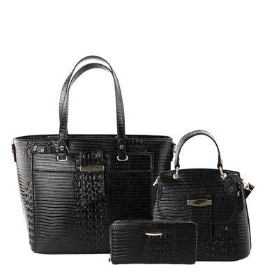 3IN1 CROC TEXTURED CHIC SATCHEL W HANDLE CROSSBODY AND WALLET SET COLOR BLACK