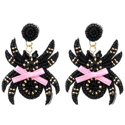 Seed Bead Spider with Bow Halloween Earring