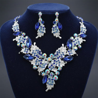 Blue Crystal Silver Leaf Petal Cut V Necklace