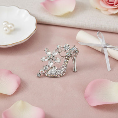 Brooch Clear Crystal High Heel Flower Silver Pin