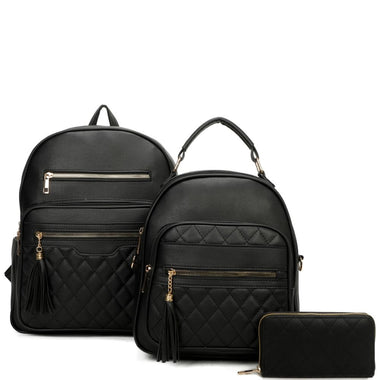 3IN1 QUILT TASSEL ZIPPER BACKPACK W MATCHING BAG AND WALLET SET BLACK