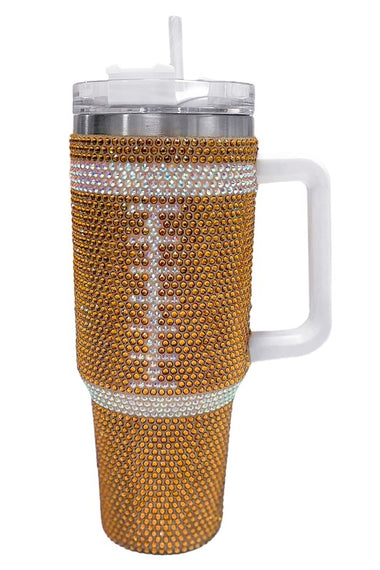 40oz Gameday Football Rhinestone Bling Glam Tumbler with Handle and Straw Stainless Steel and Double Wall Insulated