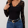 Lace Wavy Hem V-Neck Long Sleeve Top