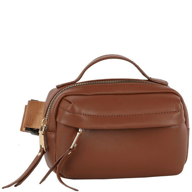 DIONA J VEGAN LEATHER SMOOTH HANDLE ZIPPER FANNY PACK BELT BAG COLOR BROWN
